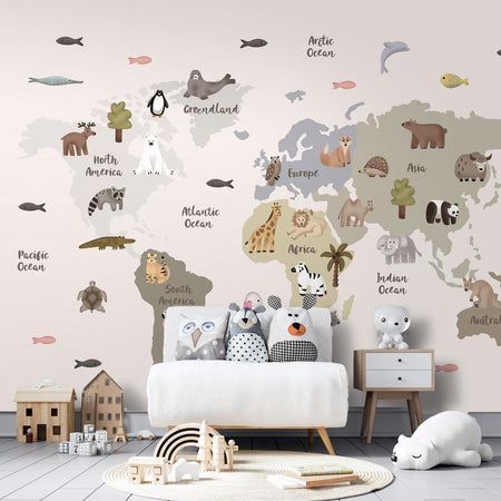 Carta da parati - Pastel Map - Animals and Continents for Childrens Room