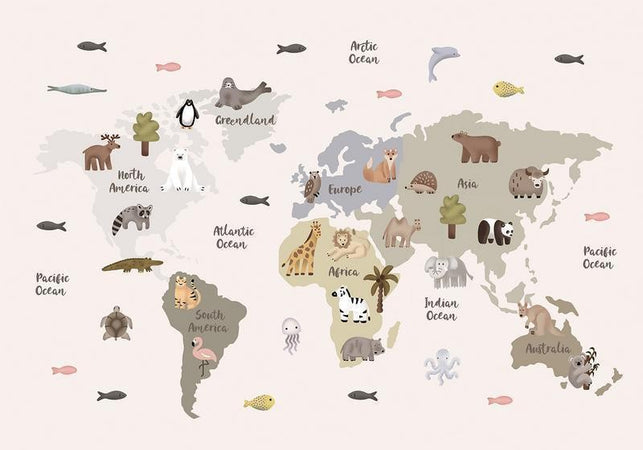 Carta da parati - Pastel Map - Animals and Continents for Childrens Room