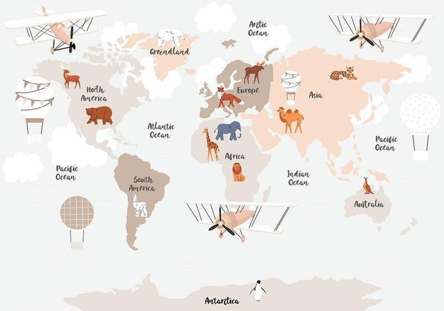 Carta da parati - World Map in Beige Tones for Childrens Room