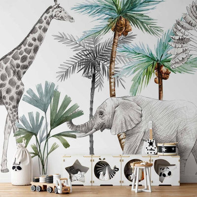 Carta da parati - Jungle Animals Wallpaper for Childrens Room in Cartoon Style