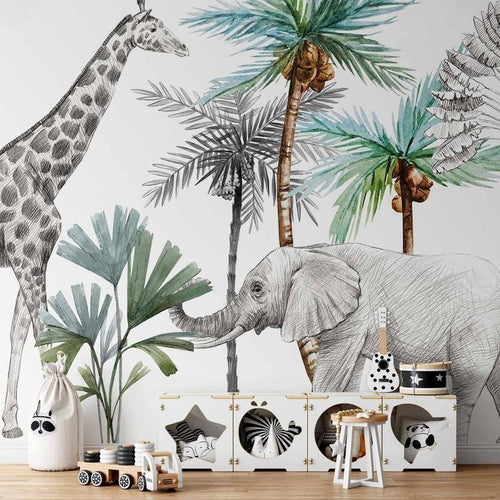 Carta da parati - Jungle Animals Wallpaper for Childrens Room in Cartoon Style