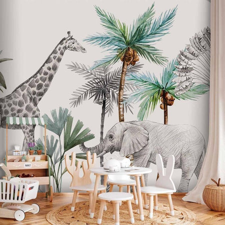 Carta da parati - Jungle Animals Wallpaper for Childrens Room in Cartoon Style