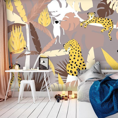 Carta da parati - Cheetahs in the jungle - landscape with exotic animals with palm trees for children