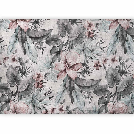 Carta da parati - Nature in retro style - landscape with leaves and flowers in grey tones
