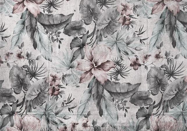Carta da parati - Nature in retro style - landscape with leaves and flowers in grey tones