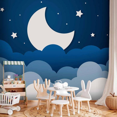 Carta da parati - Moon dream - clouds on a dark blue sky with stars for children