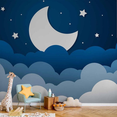 Carta da parati - Moon dream - clouds on a dark blue sky with stars for children