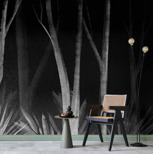 Carta da parati - Noise of the forest at night - minimalist landscape of white trees on a black background