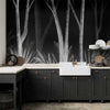 Carta da parati - Noise of the forest at night - minimalist landscape of white trees on a black background
