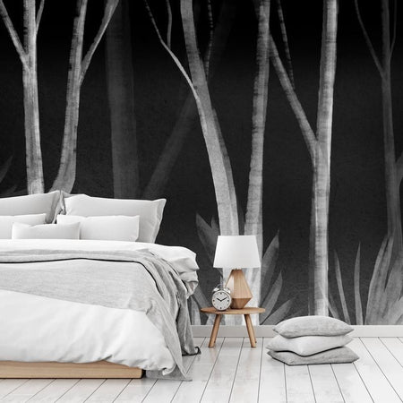 Carta da parati - Noise of the forest at night - minimalist landscape of white trees on a black background