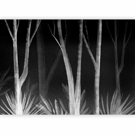 Carta da parati - Noise of the forest at night - minimalist landscape of white trees on a black background
