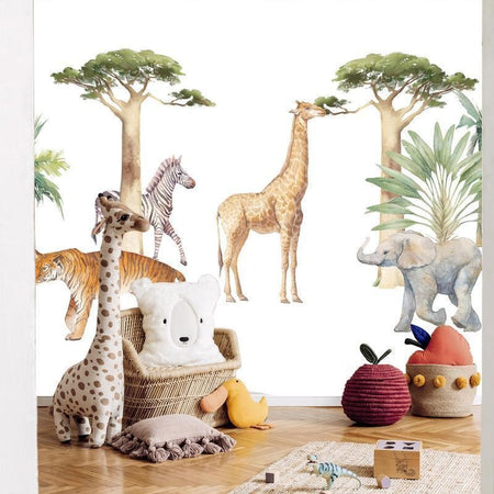 Carta da parati - Jungle Animals on White Background Made With Watercolour Technique