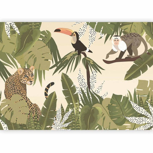 Carta da parati - Leaves and Shapes - Jungle in Faded Colours With Animals