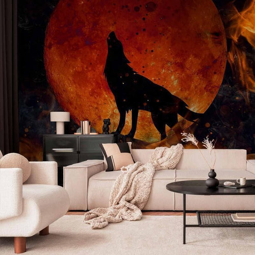 Carta da parati - Wild nature - wolf on a background of a red moon in flames of fire
