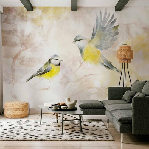 Carta da parati - Painted tits - bird motif with patterns in yellow and beige tones