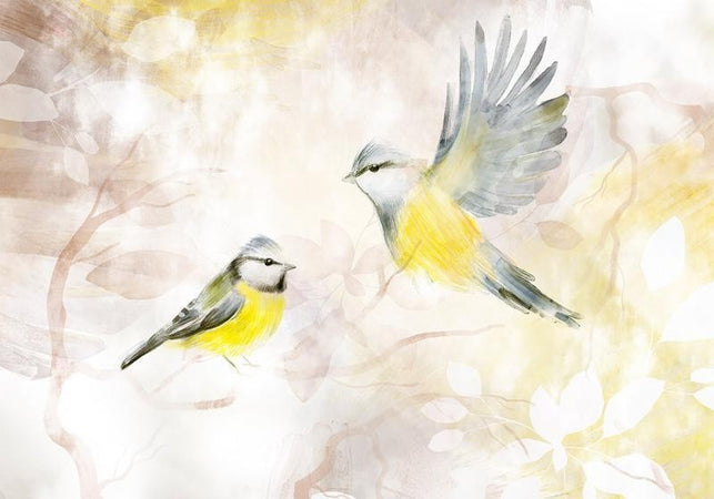 Carta da parati - Painted tits - bird motif with patterns in yellow and beige tones