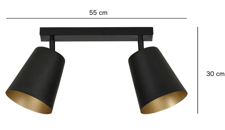 Plafoniera A Faretti 2 Luci Prism Con Coni In Acciaio Nero E Oro Interno