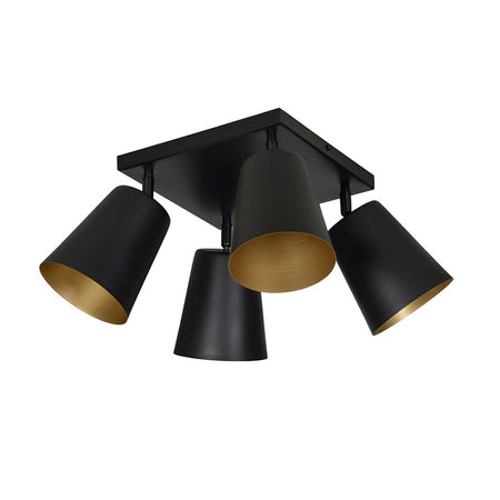 Plafoniera A Faretti 4 Luci Prism Con Coni In Acciaio Nero E Oro Interno