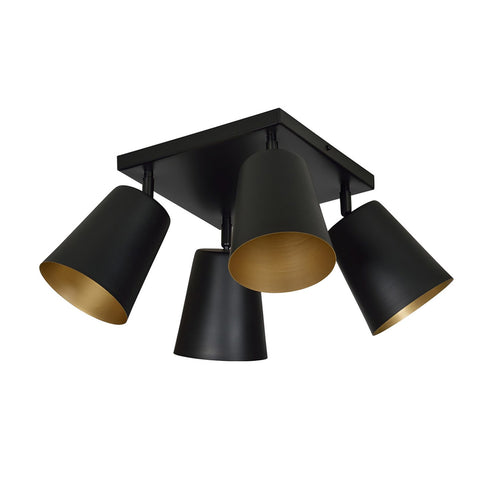 Plafoniera A Faretti 4 Luci Prism Con Coni In Acciaio Nero E Oro Interno