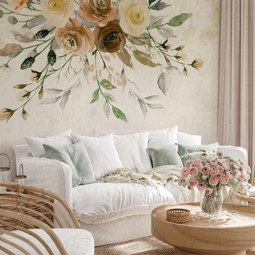 Carta da parati - Summer bloom - retro floral motif with flowers and leaves with patterns