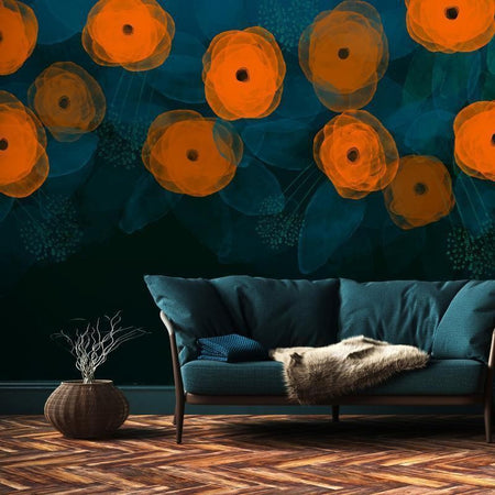 Carta da parati - Watercolour composition - orange patterns on a delicate leaf background