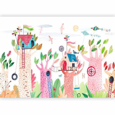 Carta da parati - Painted tree houses - a colourful fantasy with kites for children