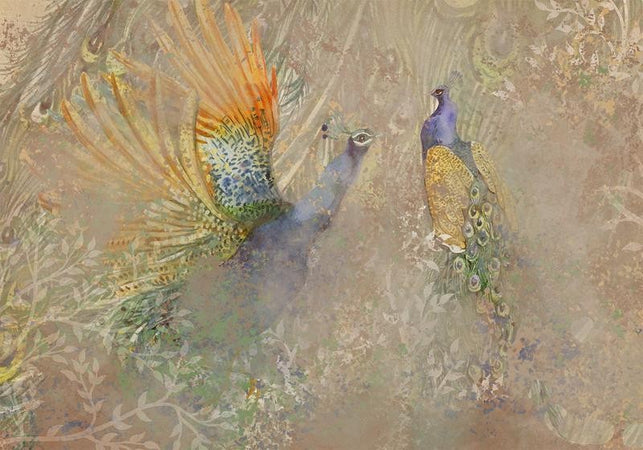 Carta da parati - Peacocks in dance - bird motif among an abstract pattern with ornaments