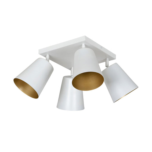 Plafoniera A Faretti 4 Luci Prism Con Coni In Acciaio Bianco E Oro Interno