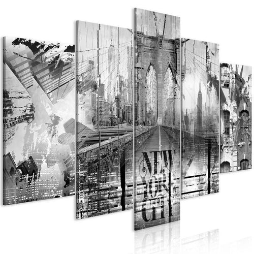 Quadro - New York City Collage (5 Parts) Wide Black and White