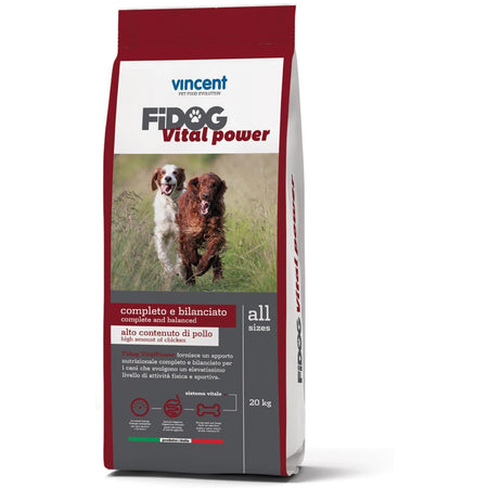 Crocchette Vincent per cani Fidog Vital Power 20 kg per cani da caccia o sportivi, a base di carne e verdure. e cerali