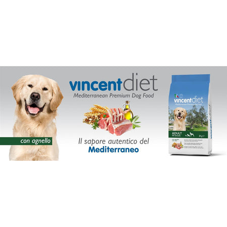 Crocchette Vincent per cani Diet Agnello 15 kg, per cani a pelo lungo, a base di carne, cereali e legumi.