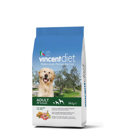 Crocchette Vincent per cani Diet Agnello 15 kg, per cani a pelo lungo, a base di carne, cereali e legumi.