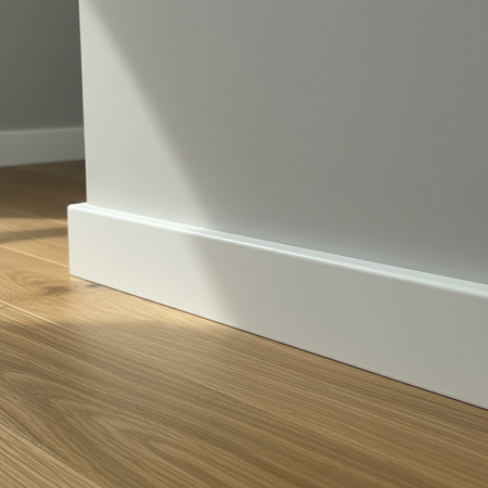 100 metri lineari di Battiscopa PREMIUM in legno MASSELLO quadro 43x9mm laccato bianco liscio