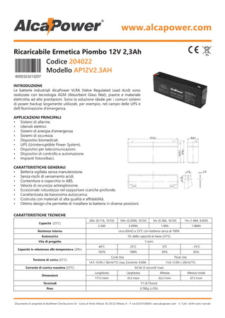 Alca Power batteria al piombo da 12V 2,3Ah ricaricabile per UPS e illuminazione di emergenza
