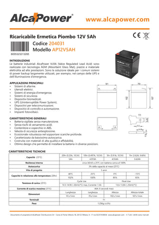 Alca Power batteria al piombo da 12V 5Ah ricaricabile per UPS e illuminazione di emergenza