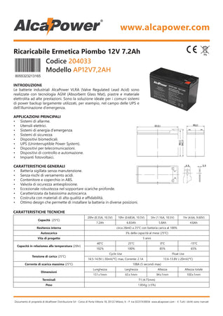 Alca Power batteria al piombo da 12V 7,2Ah ricaricabile per UPS e illuminazione di emergenza
