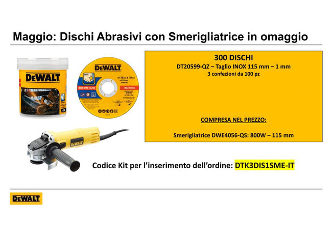 DeWalt offerta promo 300 dischi da 115mm in omaggio 1 smerigliatrice da 800W