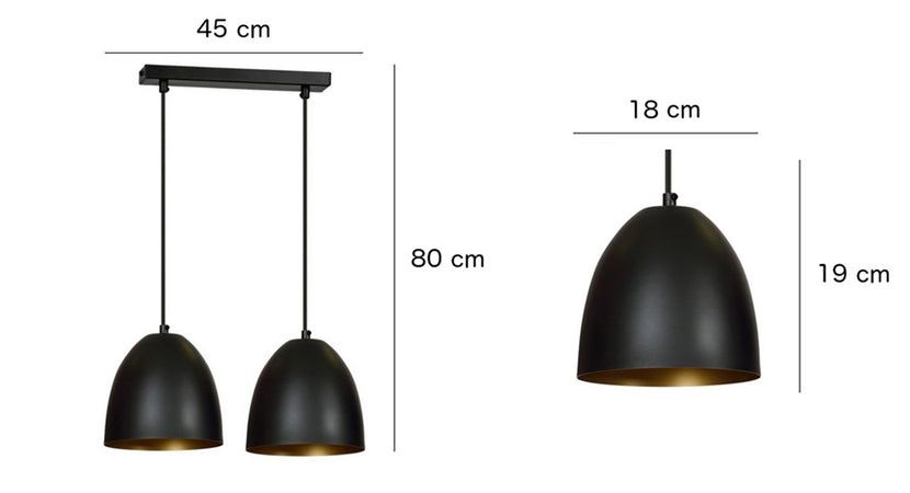 Lampadario 2 Luci Lenox In Acciaio Nero Con Cupole In Nero E Oro