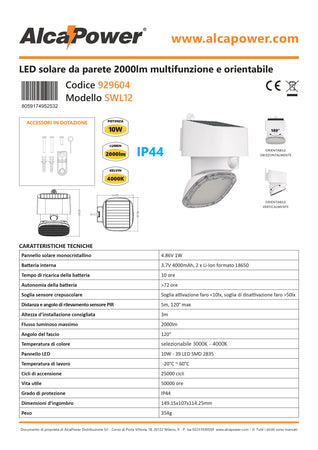 Alca Power lampada proiettore solare da parete orientabile da 10W 2000 lumen