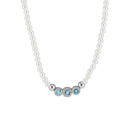 BOCCADAMO - Collana di perle con centrale a tre cestelli di zirconi acquamarina