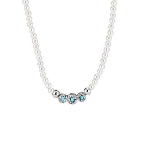 BOCCADAMO - Collana di perle con centrale a tre cestelli di zirconi acquamarina
