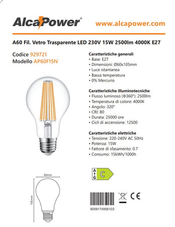 Alca Power A60 15W 220V 2500LM 4000K E27 lampada classica a filamento a led
