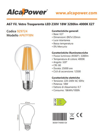 Alca Power A67 18W 220V 3280LM 4000K E27 lampada classica a filamento a led