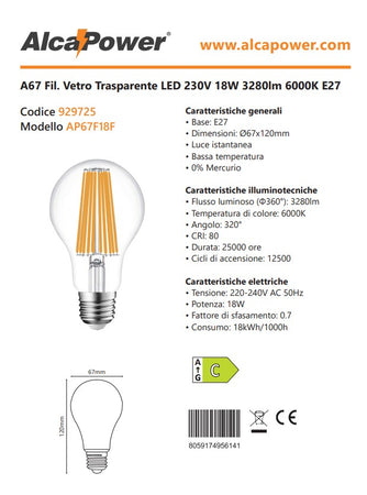 Alca Power A67 18W 220V 3280LM 6000K E27 lampada classica a filamento a led
