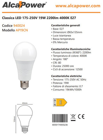 Alca Power A65 19W 175-250V 2200LM 4000K E27 lampada classica a led