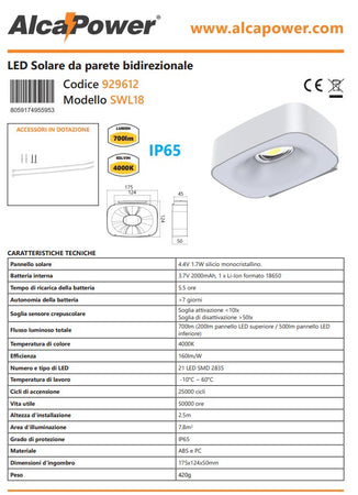 Alca Power lampada proiettore solare da parete bidirezionale 160lm