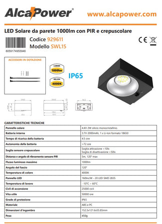 Alca Power lampada proiettore solare da parete con PIR e crepuscolare 1000lm