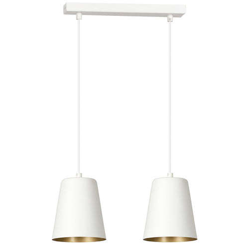 Lampadario 2 Luci Milargo In Acciaio Bianco Con Paralumi A Cono In Bianco E Oro