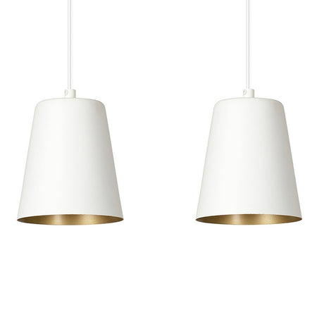 Lampadario 2 Luci Milargo In Acciaio Bianco Con Paralumi A Cono In Bianco E Oro