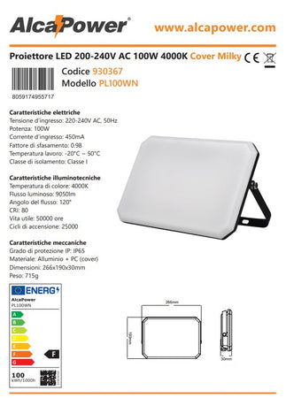 Alca Power proiettore LED 220-240V da 100W 4000K luce diurna